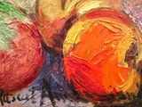 a painting of three apples on a table