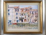an image of a painting of boats in a harbor with buildings in the background