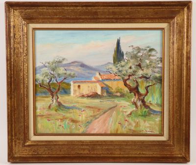 une peinture d'un paysage avec des arbres et une maison au loin