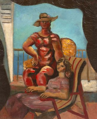 une peinture à l'huile représentant une femme assise sur une chaise à côté d'un enfant