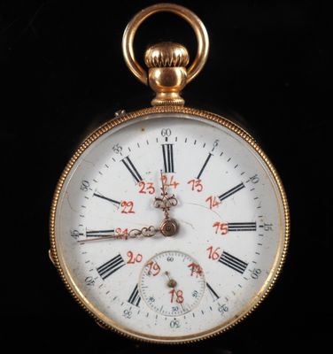 a gold pocket watch with roman numerals on the face