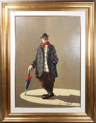 tableau représentant un homme avec un parapluie et un chapeau, dans un cadre doré