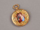 an image of a gold locke with a picture of jesus and mary on it