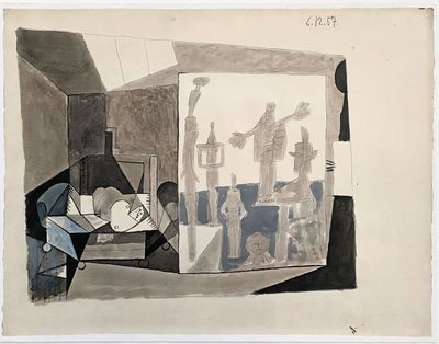 drawing of a man looking at a painting in a room