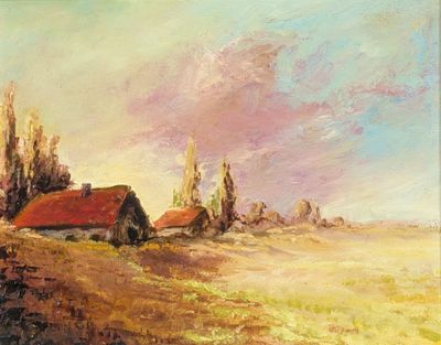 une peinture à l'huile représentant une scène de vie à la ferme avec un toit rouge