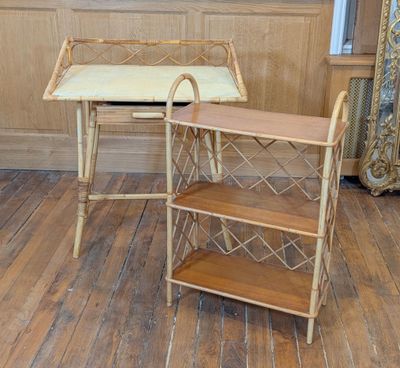 a wooden table with a shelf and a chair in the corner