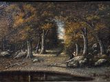 an oil painting of a man sitting on a log in the woods