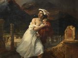 an image of a painting of a woman carrying a child