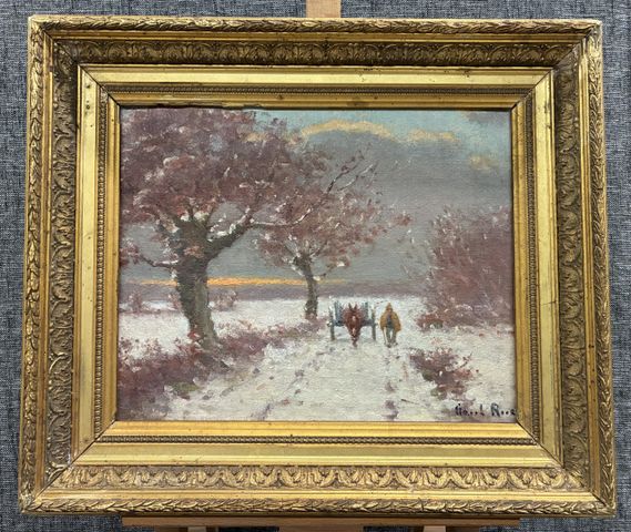 Paul RUE (1866-1954) « Chemin enneigé animé ». Huile sur carton. ...
