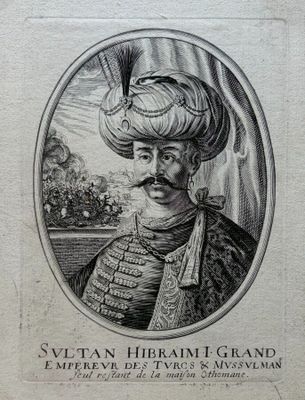une vieille gravure représentant un homme portant un turban et une moustache
