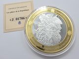 une pièce de monnaie argentée et dorée posée sur une surface blanche, à côté d’une carte
