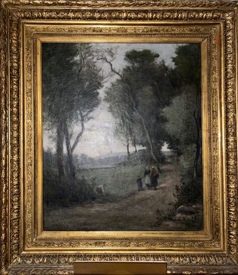 un tableau représentant un paysage avec un homme et un chien dans une zone boisée