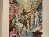 an open book with a picture of a woman in a dress and a man on a horse
