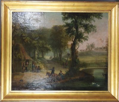 une peinture à l'huile représentant une scène de village avec une rivière et des personnages