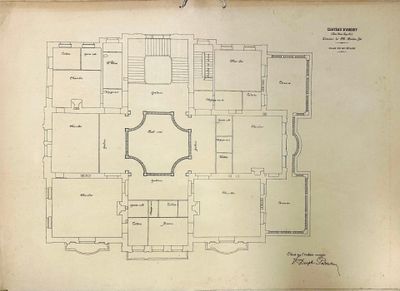 drawing of a plan of a house with a staircase and a second floor