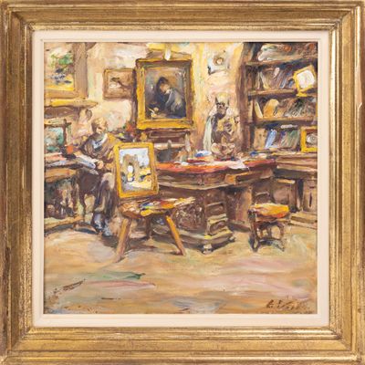 une peinture à l'huile représentant un homme assis à un bureau dans une bibliothèque
