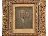 an old painting of two men in a gold frame
