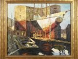 an oil painting of a boat in a harbor with a building in the background