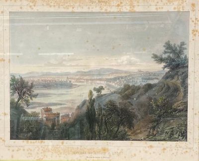 an old painting of a view of a city from a hill