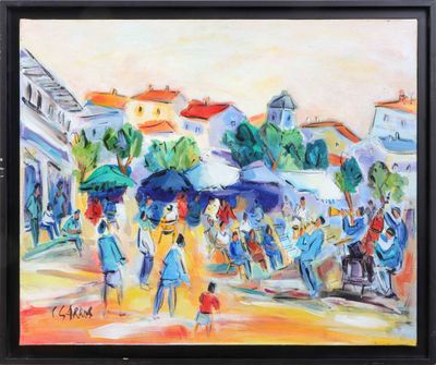 painting of a painting of people with umbrellas on a city street