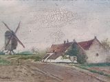 tableau représentant deux moulins à vent sur une colline, avec un chemin de terre devant eux