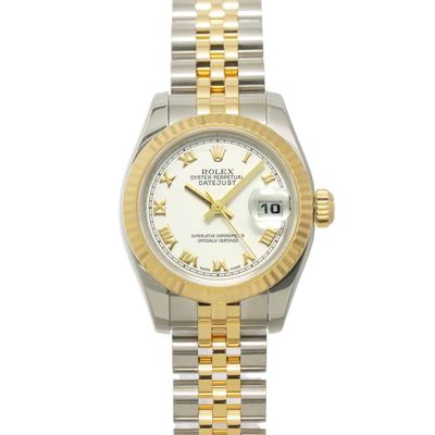 a lady ' s rolex watch with a white dial and roman numerals
