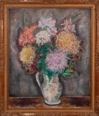 une peinture à l'huile représentant un vase de fleurs sur une table