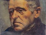 un vieux tableau représentant un homme aux cheveux gris, vêtu d'une veste noire