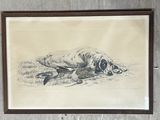 painting of a dog laying on the ground with a duck in its mouth