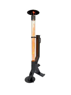 a black and orange fire pit sitting on top of a metal stand