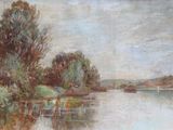 tableau représentant un tableau d'une rivière avec des arbres et un bateau sur l'eau