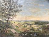 a painting of a view of a farm from a hill
