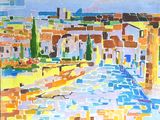 une image d'une peinture d'une ville au bord de l'eau
