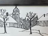 a picture of a drawing of a village in the snow