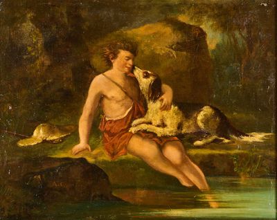tableau représentant un homme et un chien assis sur un rocher au bord d'une rivière