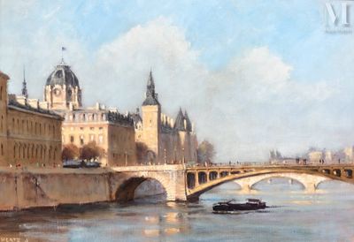 une peinture représentant un pont au-dessus d'une rivière avec des bâtiments à l'arrière-plan