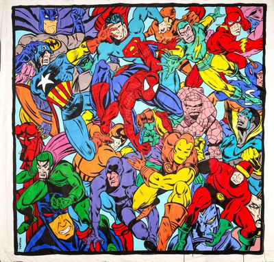 a close up of a painting of a bunch of superheros