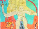 tableau représentant une femme tenant une grande œuvre d'art entre ses mains