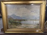 an image of a painting of a lake with mountains in the background