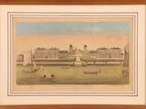 an old painting of a view of a city with boats in the water