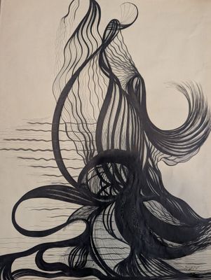 un dessin en noir et blanc représentant une femme aux cheveux longs