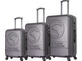 three pieces of luggage sitting on top of each other on a white surface