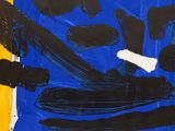 an image of a blue and yellow abstract painting with black and white paint
