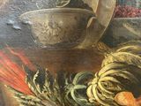 an oil painting of a still life with a bowl of flowers and other things