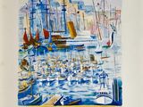 a painting of a harbor filled with boats on the water