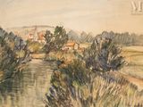 tableau représentant une rivière, avec des maisons au loin et des arbres au premier plan