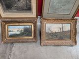 three framed paintings of a landscape and a river