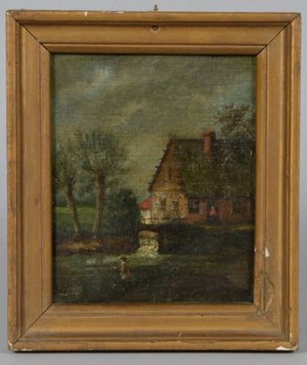 a painting of a house in a field next to a river
