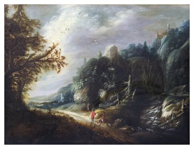 une image représentant un tableau où figurent un homme et une femme dans un paysage montagneux
