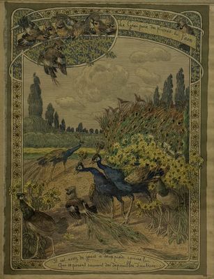un vieux livre avec une image représentant deux oiseaux et un chien